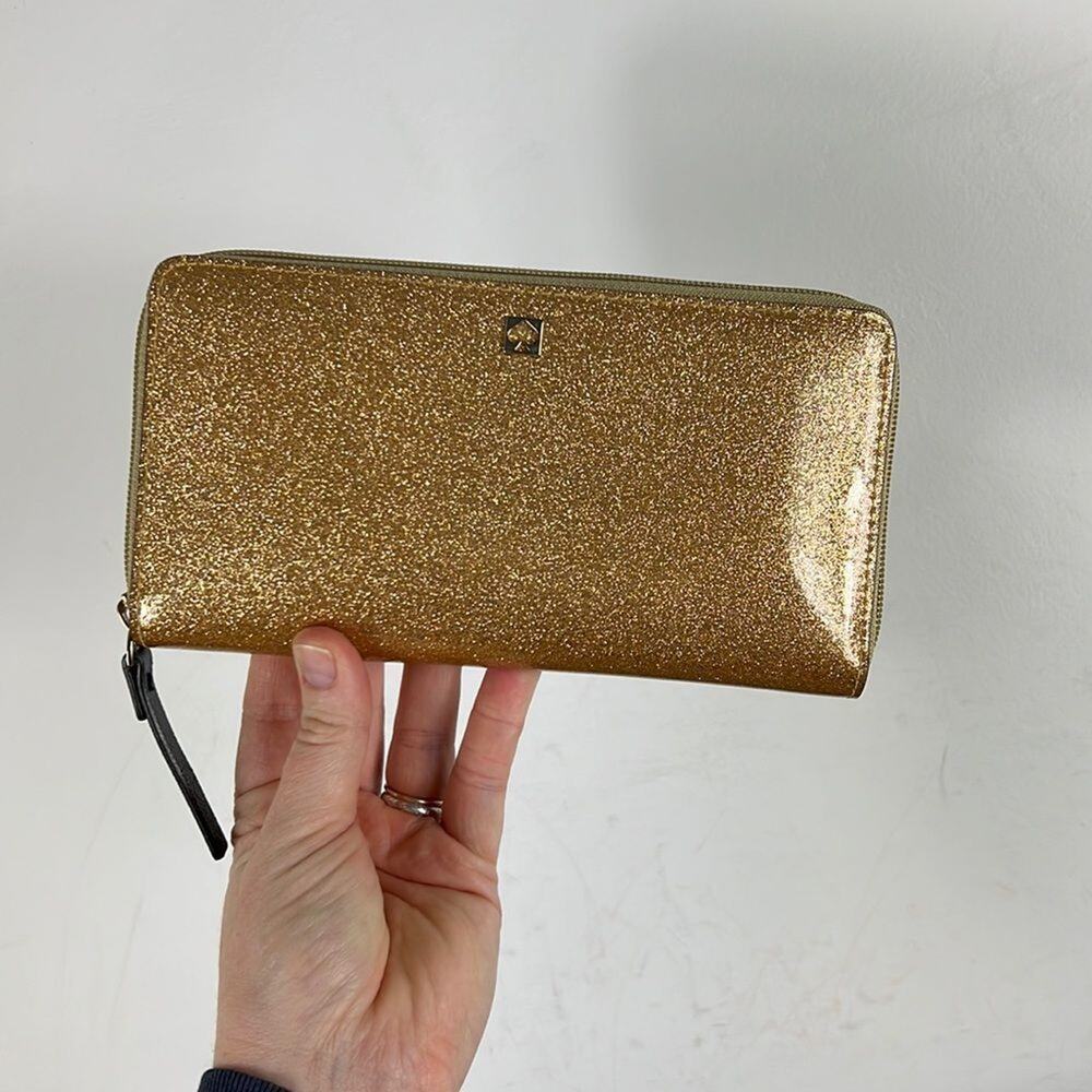 New Kate Spade glitter gold bling zip around wallet clutch new with tags